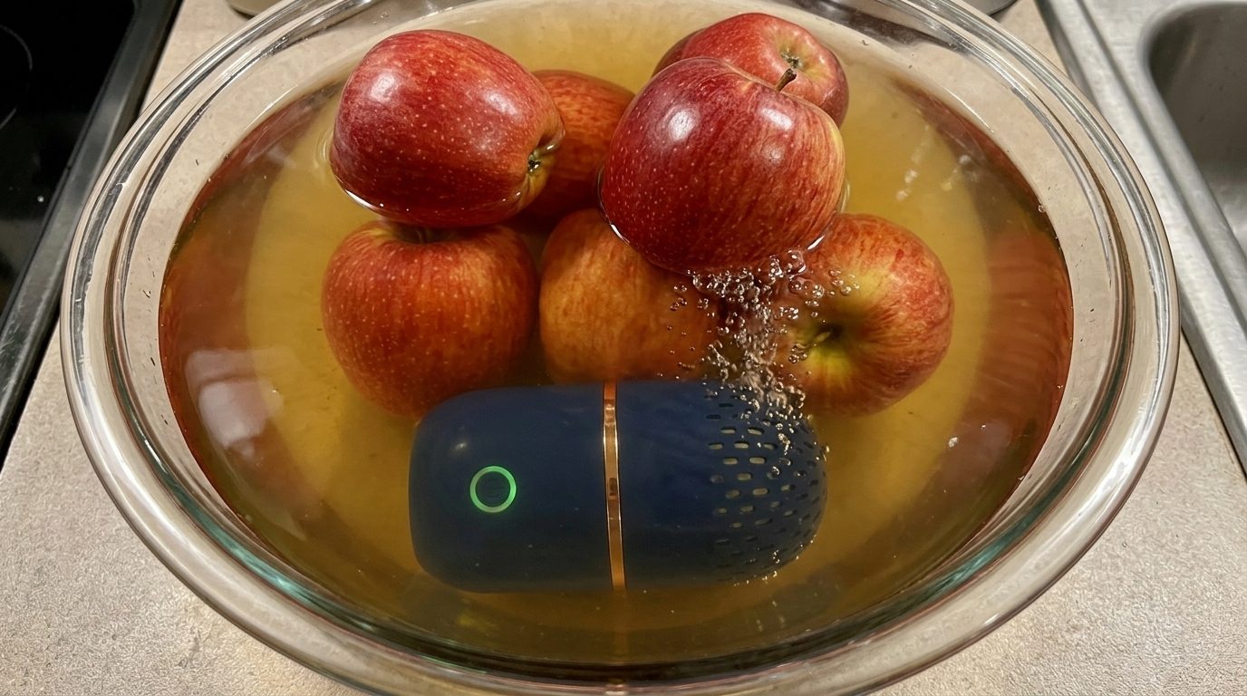 Murky water in a bowl after a PodBloom cleaning cycle