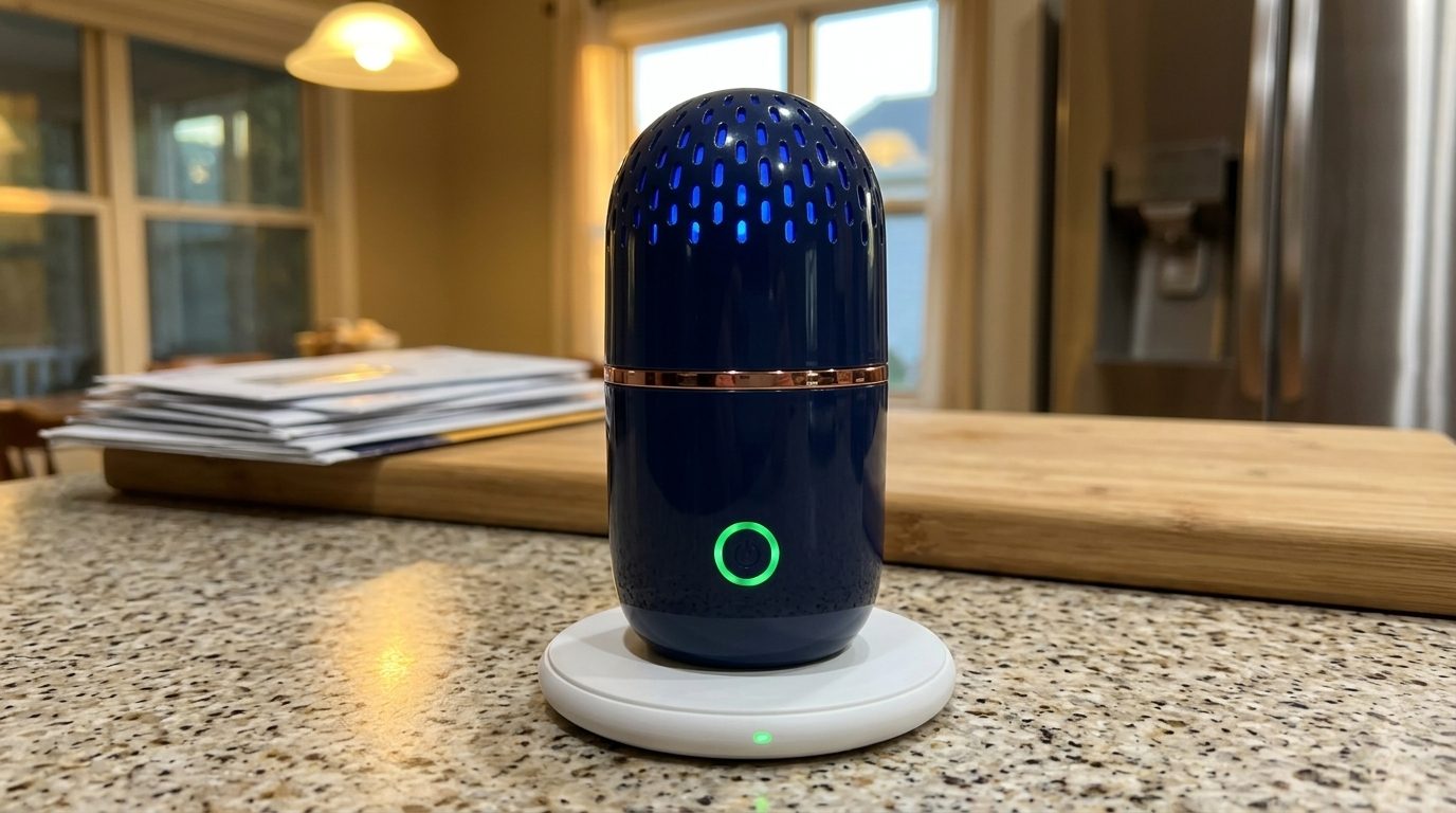 PodBloom purifier resting on its wireless charging base