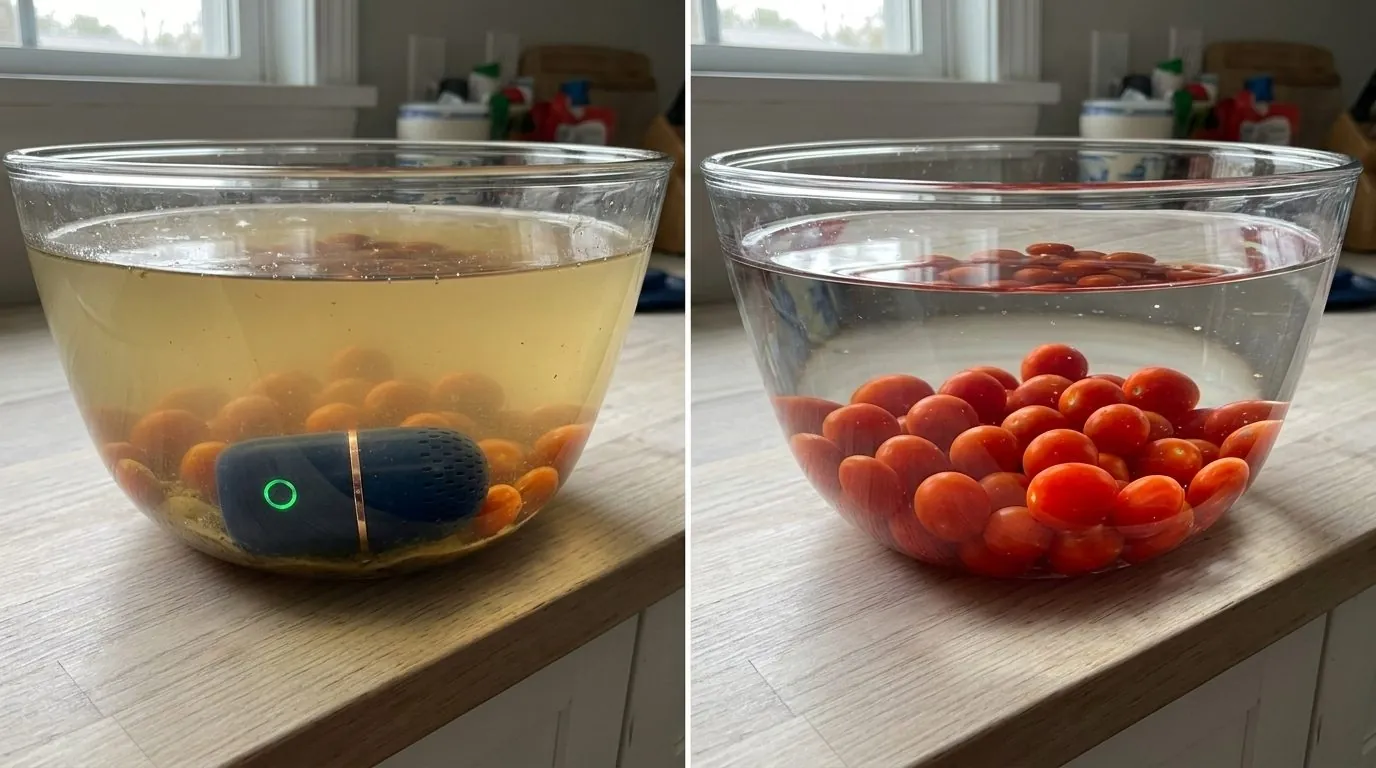 Murky wash water before compared with clean water after a PodBloom cycle
