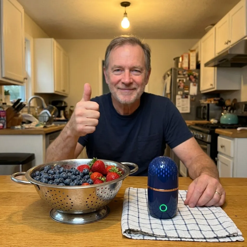 Happy customer holding freshly cleaned berries